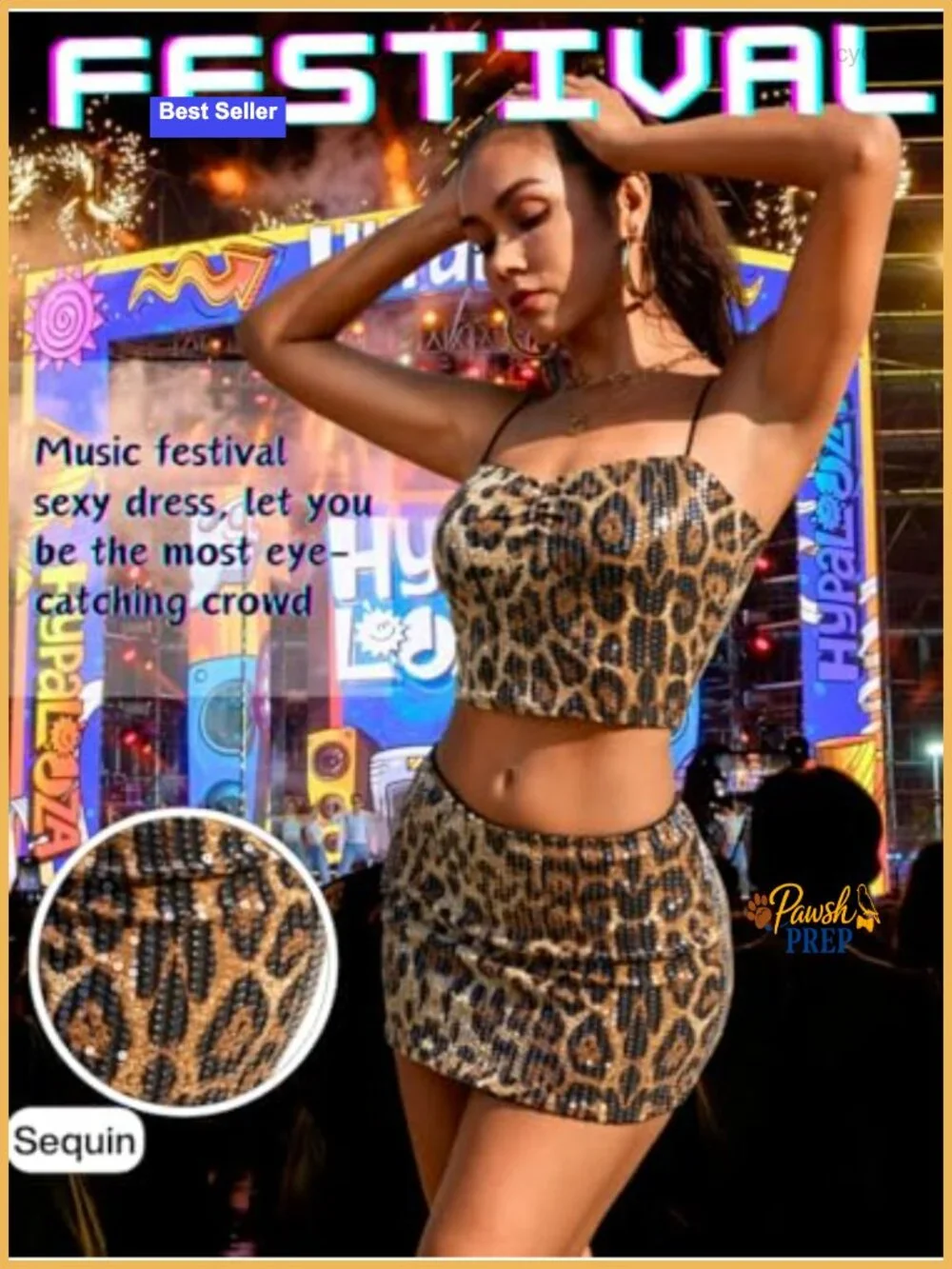 Two Piece Sequin Mini Dress, Cheetah Print Club Outfit